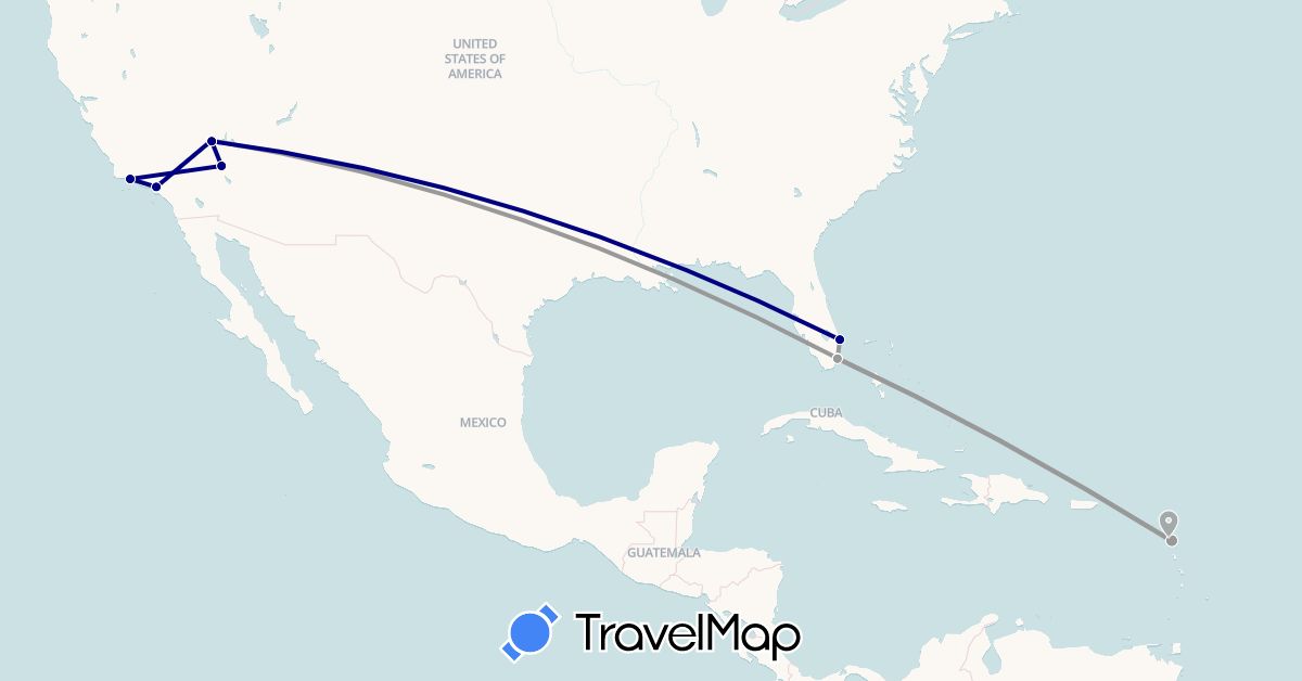 TravelMap itinerary: driving, plane in Guadeloupe, United States (North America)